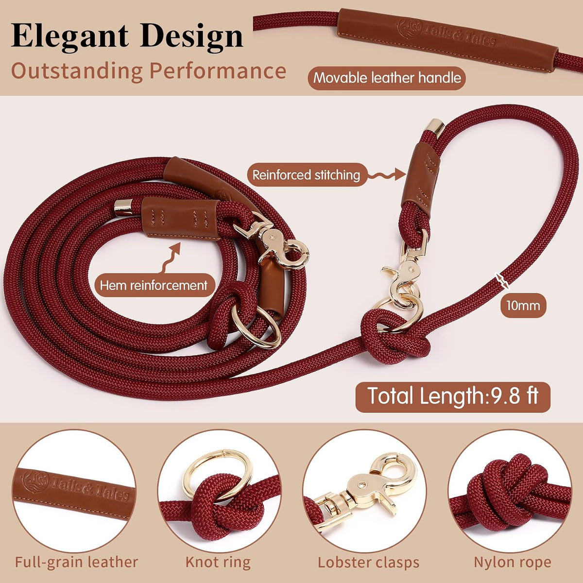 Hands Free Multifunctional Dog Leash for 1 or 2 Dogs - Winery Red - image 2
