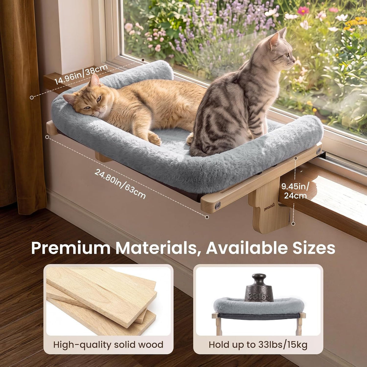 Pecute Cat Windowsill Perch, Cloud-Soft Cat Bed with Wood Frame - Grey / 24.8" x 14.9" - image 3