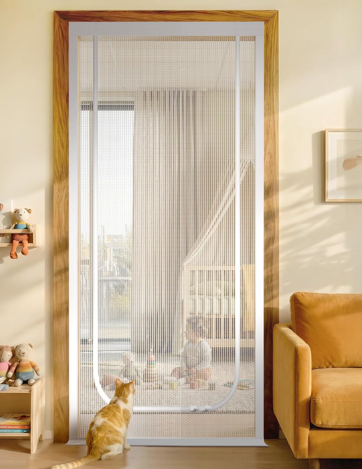 BFNN Cat Screen Door, Scratch Resistant Mesh Gate - White, U-shaped / Up to 30''x 80'' (Fits Door Opening Size)