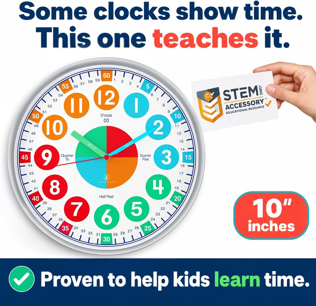 OWLCONIC Kids Teaching Clock, Learning Clock, Silent 10in - Bright - image 2