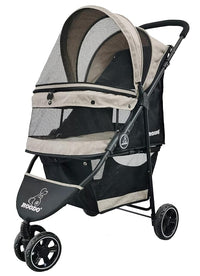 ROODO 3 Wheel Dog Pet Cat Stroller Best Lightweight Foldable Compact Portable Jogger All Terrain Travel Pet Gear Puppy Kitty Stroller for up to 30lbs Medium Small Dogs and Cats(Light Khaki)