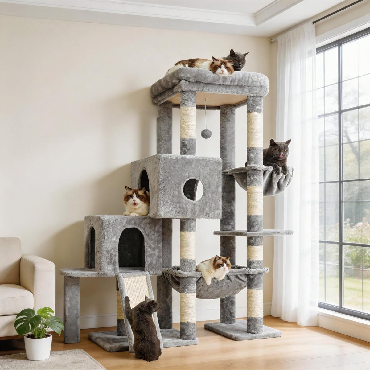 Hey-brother Cat Tree Tower with 3 Condos - 50 inches / Light Gray