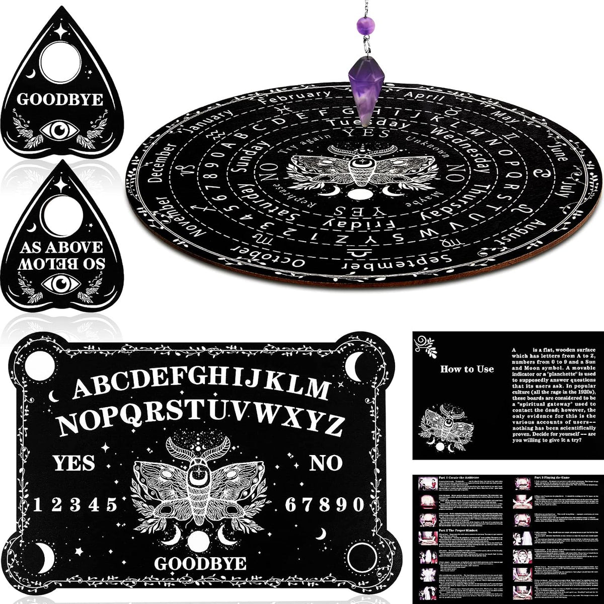 Threan Pendulum Board with Amethyst Pendulum Star Style Planchette Set – Fun for Kids & Family - Moth Style