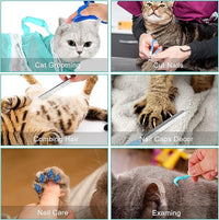 JULMELON Cat Washing Bag 10 PCS Set, Adjustable Cat Shower Net Bag and Pet Grooming Brush with Nail Clipper Nail File Hair Combs Tick Tool Nail Caps for Bathing Nail Trimming Examination（Grey+Green）