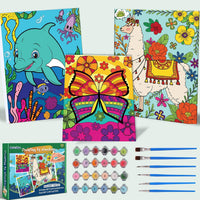 Jovial & Joyful kids paint by number kit with three framed animal canvases and paint pots