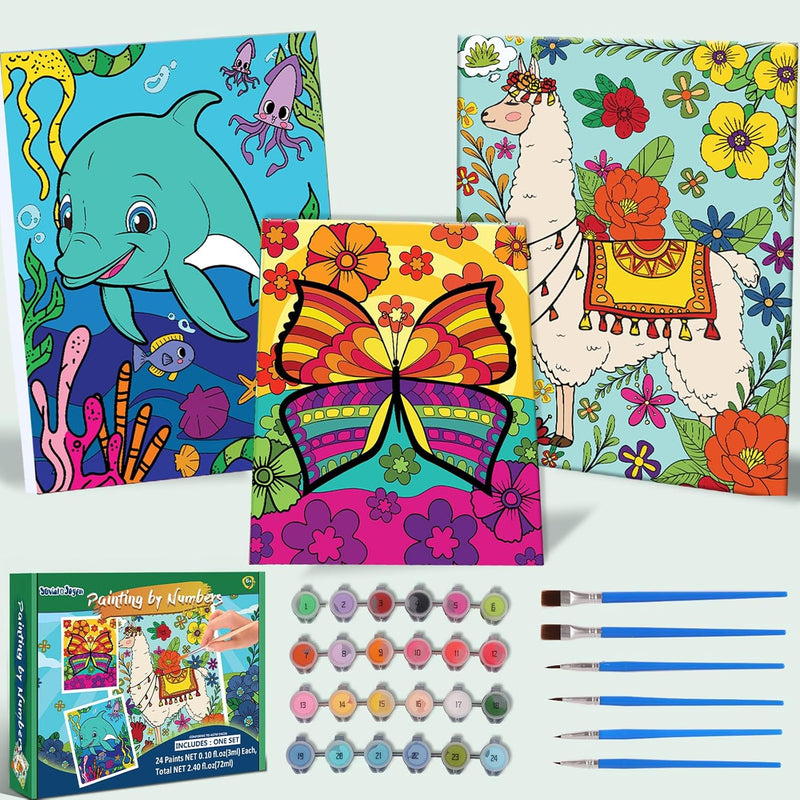 Jovial & Joyful kids paint by number kit with three framed animal canvases and paint pots