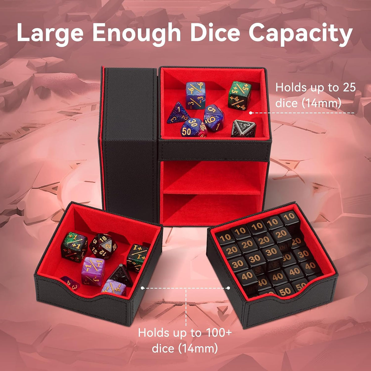 Stepane dice tray and dice tower storage box in black and red PU leather with drawers - view 39
