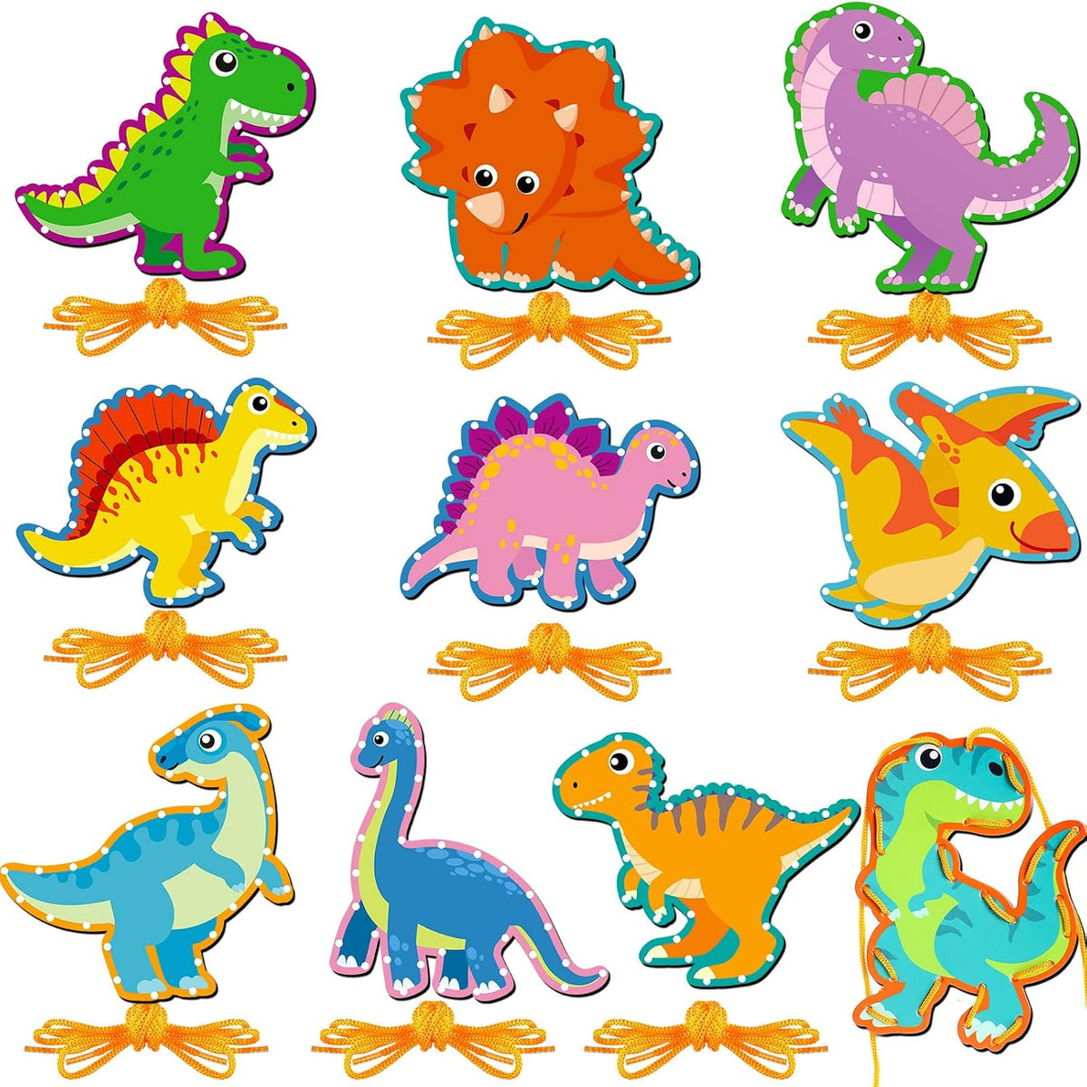 Pajean 10 Pcs Kids Lacing Cards Double Sided Animal Sewing Cards Kits - Dinosaur Style