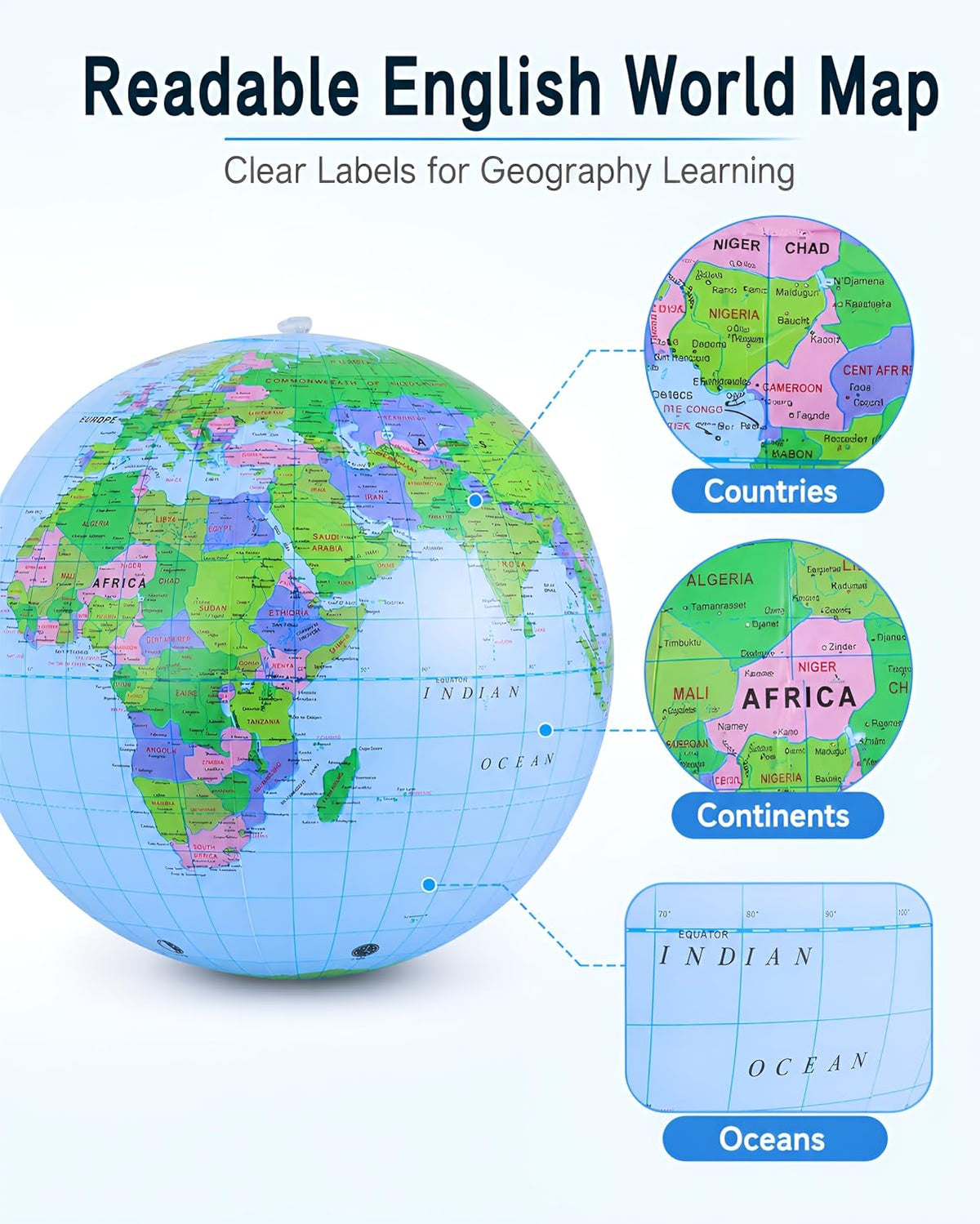 NUOBESTY inflatable globe beach ball, 11.8 inch PVC world map ball showing continents and oceans - view 3