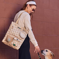 Park Pack 2-Piece Set Dog Gear Tote – Dog Travel Bag with 8 Pockets, Treat Pouch, Poop Bag Dispenser, Quick-Dry Ball Pocket, Collapsible Bowl, Perfect for Walks & Park Trips, Checkerboard