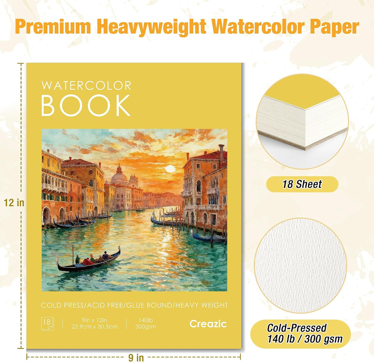 Watercolor Paper Pad, 5.5"x8.5”, Spiral, Bound with Tear - Yellow / 9" x 12" Glue Bound - image 2