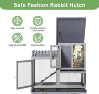 Wood Rabbit Hutch with Balcony - Small Animal House Bunny Cage on Wheels for Indoor Outdoor, Rabbit Cage Included Ramp, Pull Out Tray, (Grey with Pattern)