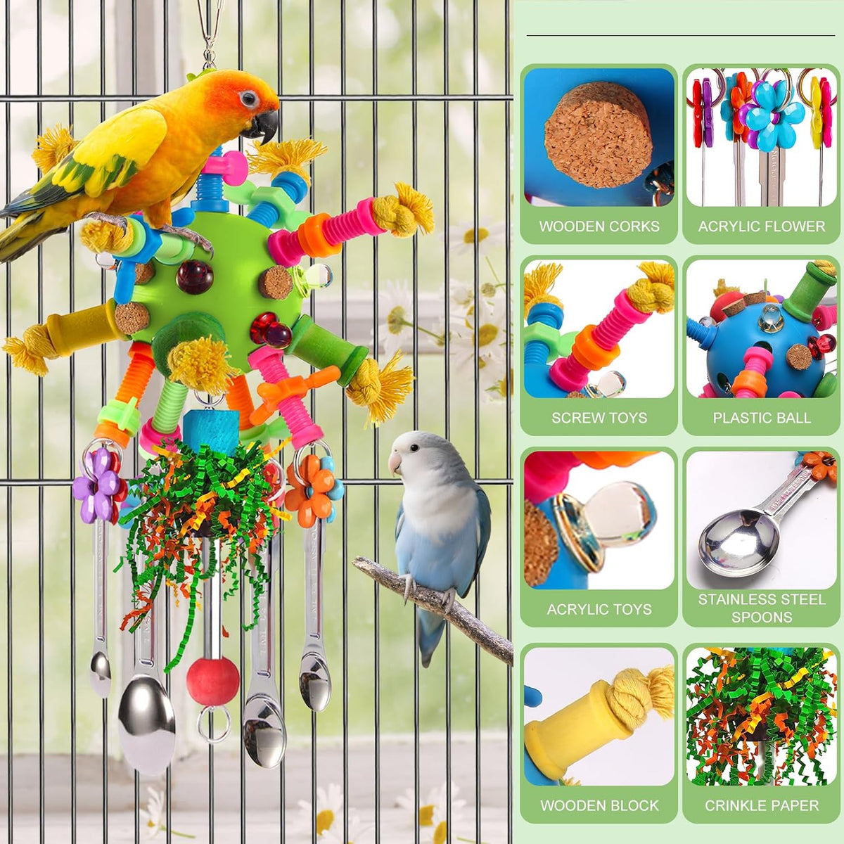 Parrot Toys Bird Toys Perch Pullable Stainless Steel Spoons Colorful - green - image 3