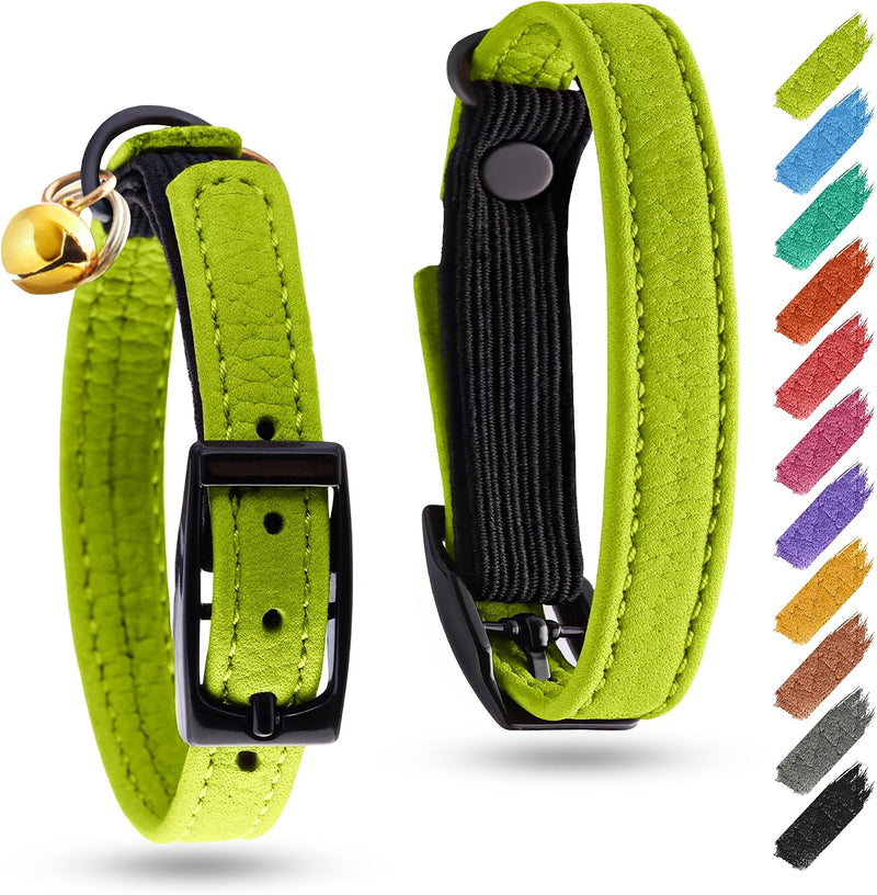 WAUDOG Leather Cat Collar with Bell Elastic Strap Stretchy Kitten - Green / 6.5" - 8" Without Holder