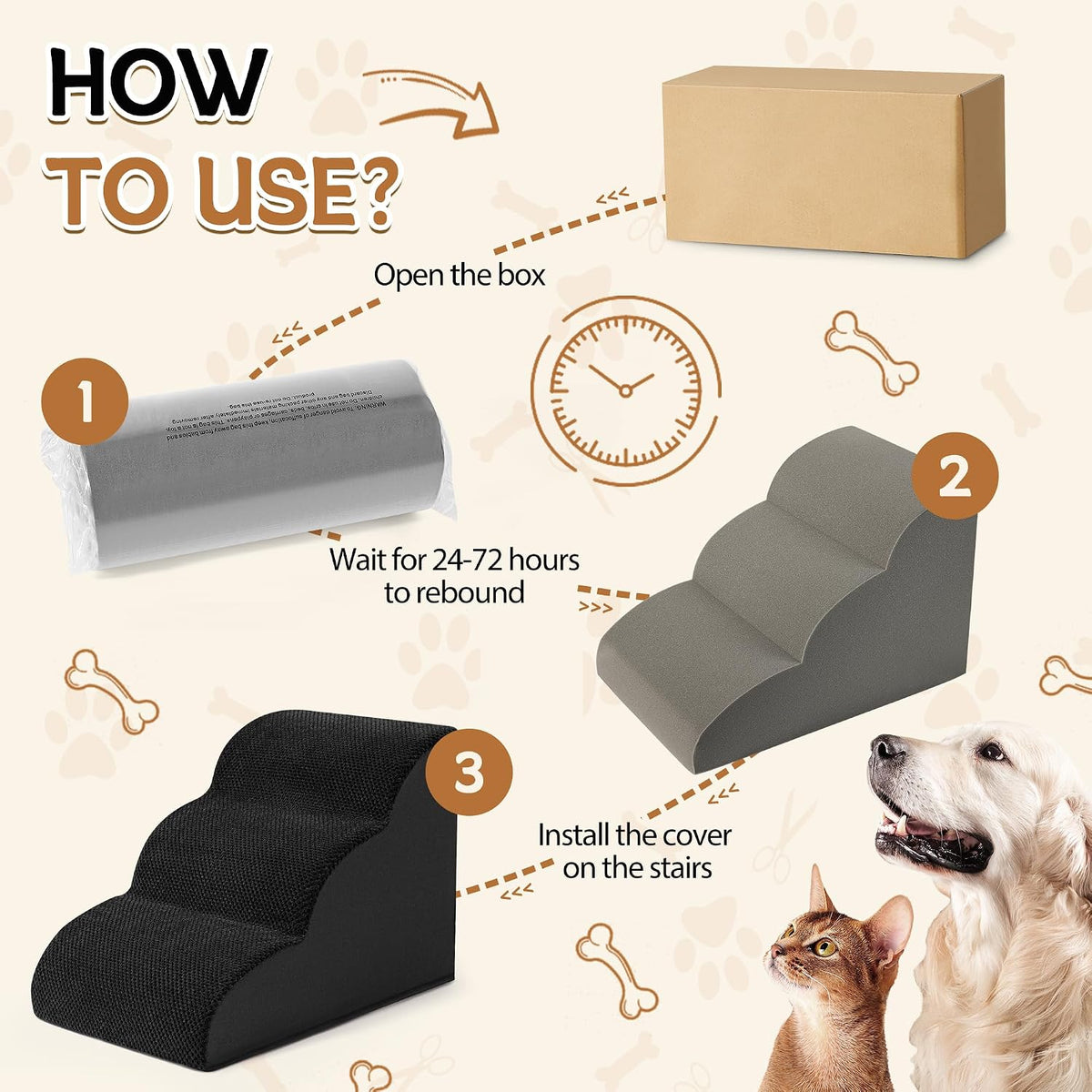 Dog Stairs Ramp for High Bed - 3 Step-15.7"H / Fleece-Black - image 3