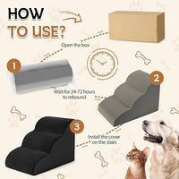 Romrol Dog Stairs Ramp for High Beds Couches, High Density Foam Pet Steps with Durable Non-Slip Waterproof Fabric Cover, Dog Stairs for Small Dogs or Cats or Pets, 3-Step,15 Inch,Black