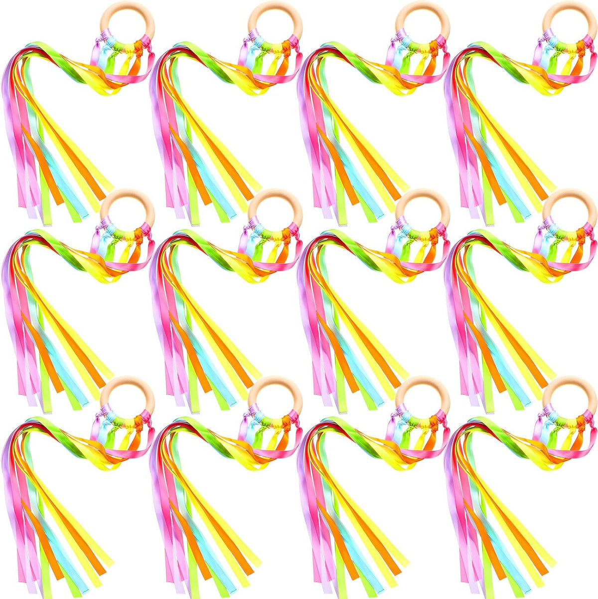 Deekin rainbow ribbon rings, wooden Waldorf hand kites with bright streamers