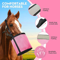 Horse Feed Bag 2 Pcs, Mesh Feed Bags for Horses, Muzzle Feedbag for Feeding Grain, Anti-Spill Design Feeder, Soft Neck Pad Nose Pad, Breathable and Universal Fit (Pink, Pack of 2)
