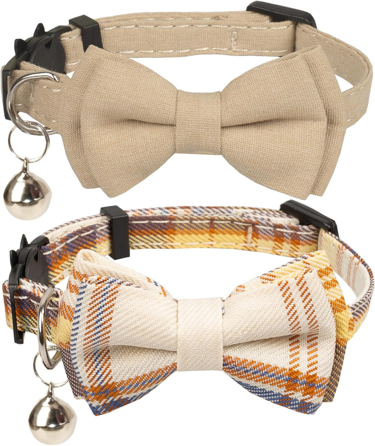 Cat Collar Breakaway Bowtie Safety with Bell Adjustbale Kitten Puppy - D-[2pcs] Beige
