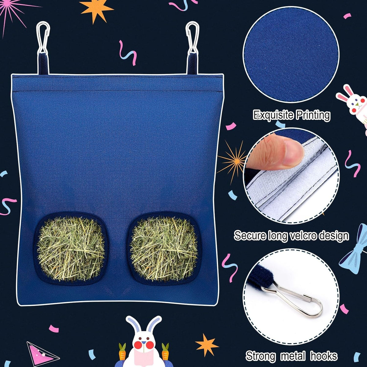 UPINS 2 Pack Guinea Pig Hay Feeder Bag - 28 x 25 cm / Black Dark Blue - image 4
