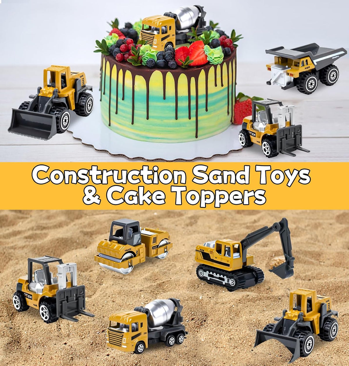 Tcvents 6-piece set of yellow diecast mini construction trucks including excavator and dump truck - view 6