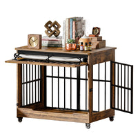38in Dog Crate Furniture, Double Door Wooden Indoor Dog Kennel Furniture, Decorative Pet Cage End Table With Wheels For 