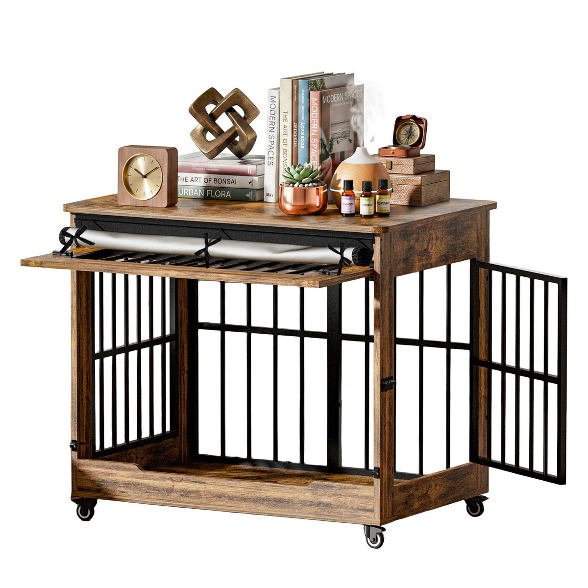 38in Dog Crate Furniture, Double Door Wooden Indoor Dog Kennel Furniture, Decorative Pet Cage End Table With Wheels For 
