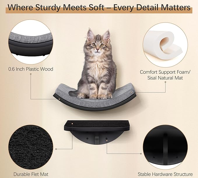 Cat Wall Shelf, Curved Cats Wall Bed, Wall Mounted Cat Grey Climbing Shelves for Sleeping, Playing, and Lounging