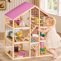 Tiny Land Wooden Dollhouse for Girls, 6 Rooms Wooden Doll House - Dusty Pink
