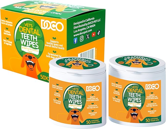 DOCO Dog Teeth Cleaning Wipes Dental Finger Wipes for Cats & Dogs Remove Plaque & Tartar, Freshen Breath, No Rinse, Easy Pet Tooth Cleaning Kit for Oral Care, Coconut & Grapefruit Flavor, 100 Count