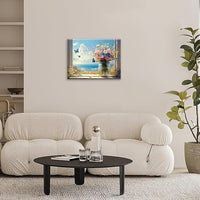 Beach Floral Bathroom Pictures Wall Art, Colorful Flower Bathroom Wall Decor, Coastal Ocean Framed Painting Canvas Artwork for Bedroom Living Room Decorations 16"L x 12"W