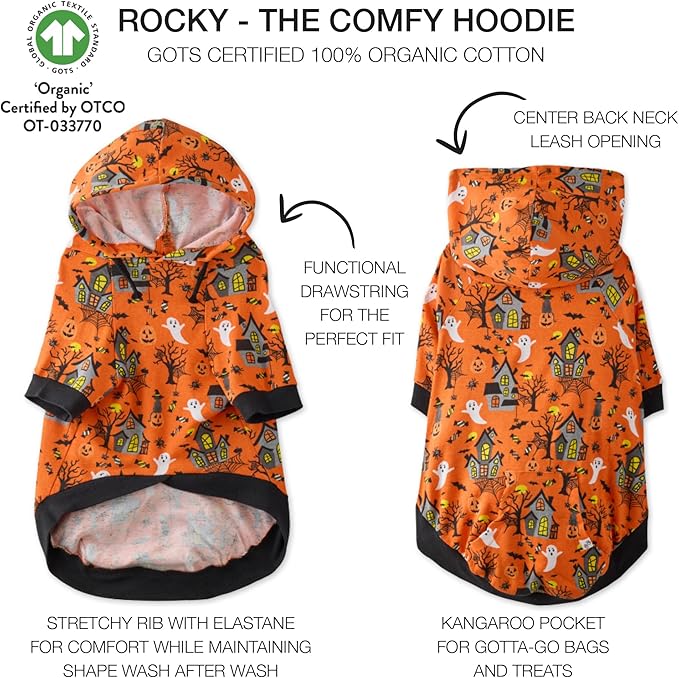 Rocky – The Orginal Lightweight Hooded TEE 100% Organic Cotton Dog Hoodie Pet Coat Sweater for Small, Medium, Large Dogs, Spooky, X-Large