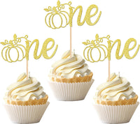 24 PCS Pumpkin Oh Baby Cupcake Toppers Glitter Fall Theme pumpkin - Design 6-gold