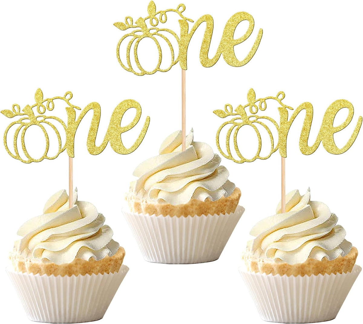 24 PCS Pumpkin Oh Baby Cupcake Toppers Glitter Fall Theme pumpkin - Design 6-gold