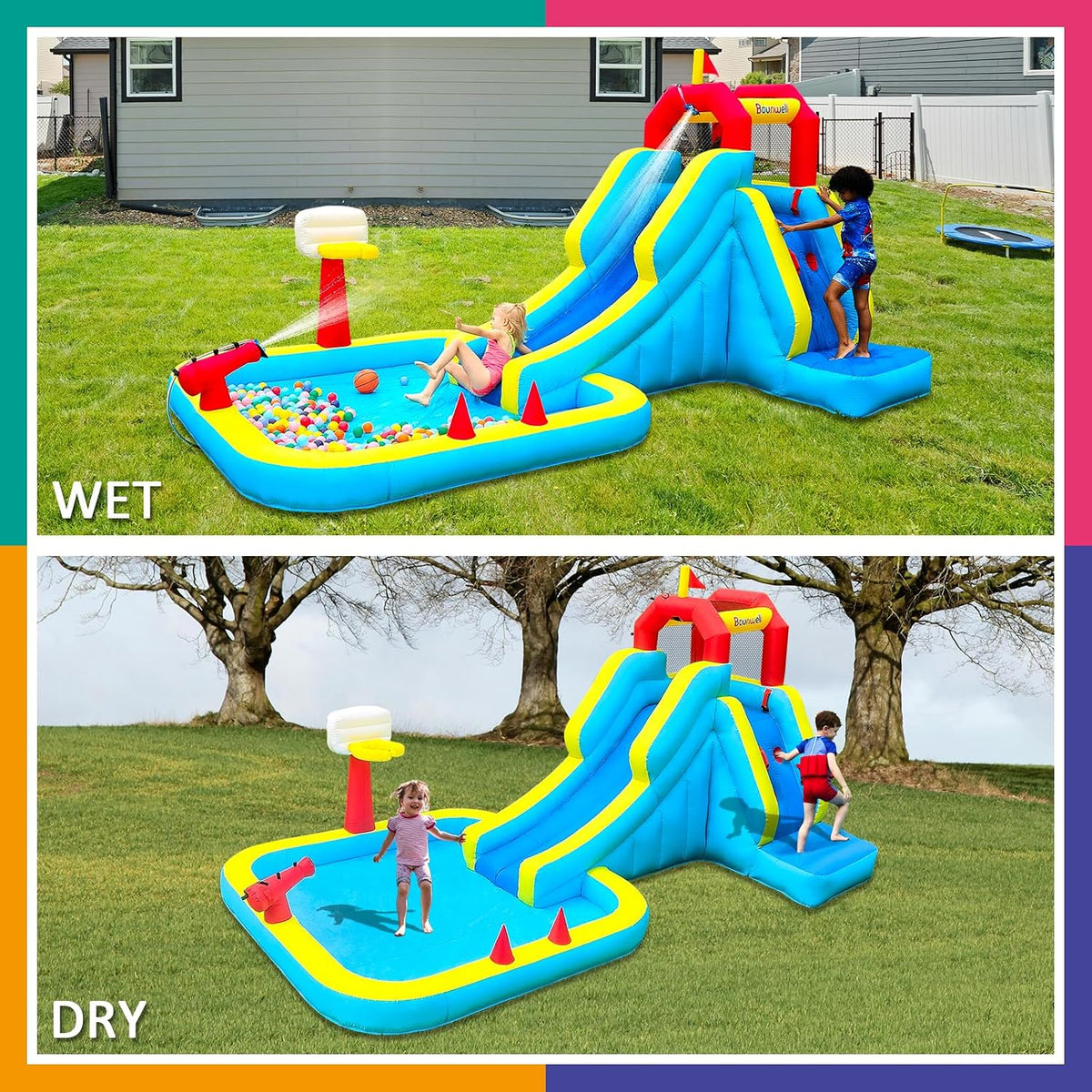 Bounwell inflatable water slide with climbing wall, basketball hoop, water cannon and splash pool - view 2