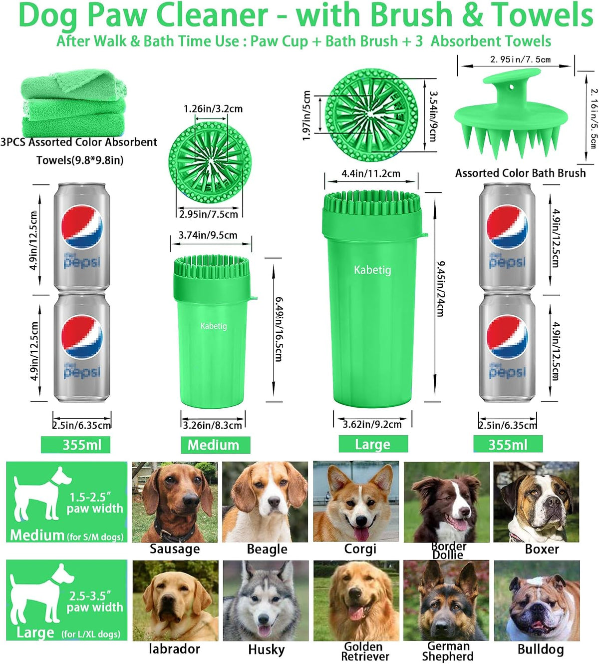Dog Paw Cleaner Cup with Detachable Top Brush for Large & XL Dogs – Essentials for Dogs - Medium(3Towels&Brush) / Green - image 4