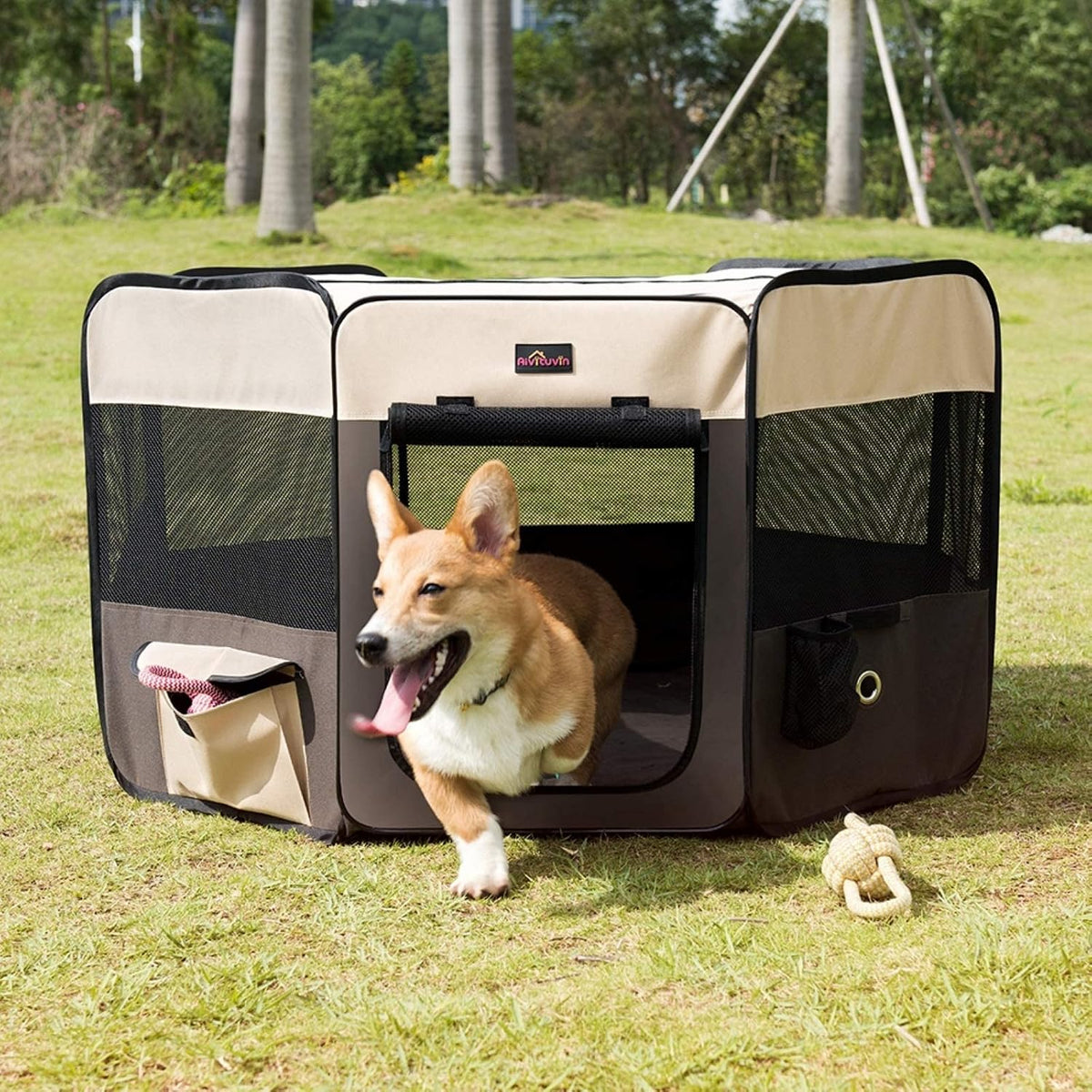 Aivituvin Dog Playpen, Foldable Pet Play Pens with Carrying Bag for Cat, Puppies, Rabbits, Portable - M / Brown - image 2