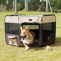 Aivituvin Dog Playpen, Foldable Pet Play Pens with Carrying Bag for Cat, Puppies, Rabbits, Portable Dog Tent Crates Cage for Travel Camping Indoor Outdoor, Removable Shade Cover, Brown M