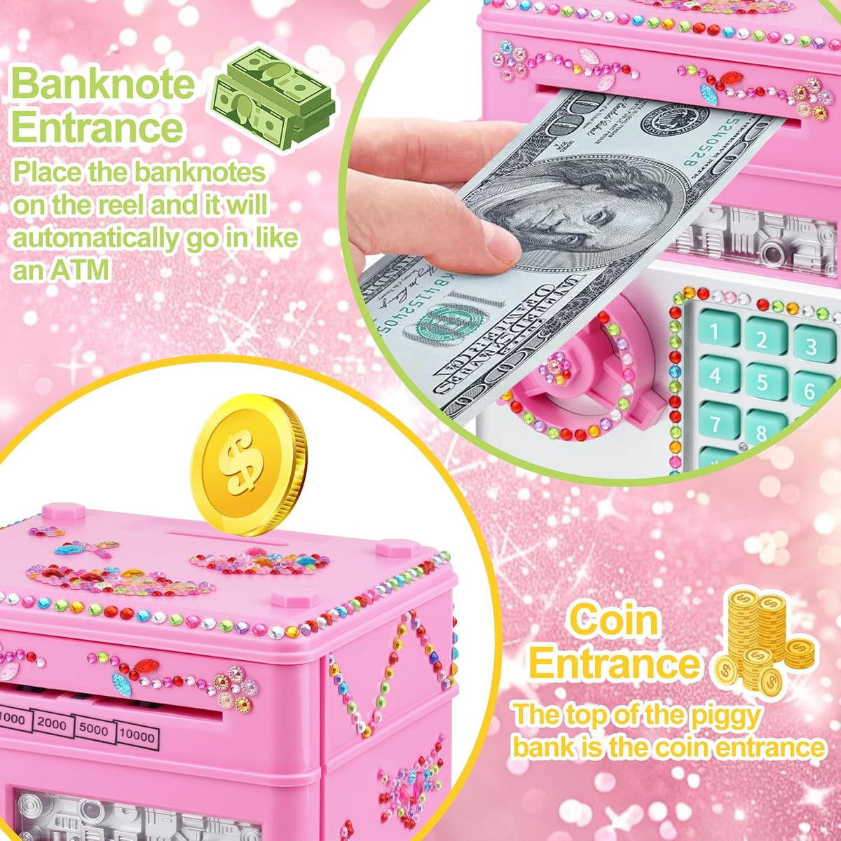 Piggy Bank for Kids Girls Boys with Password Code Lock Cash Coin Can - Pink - image 2