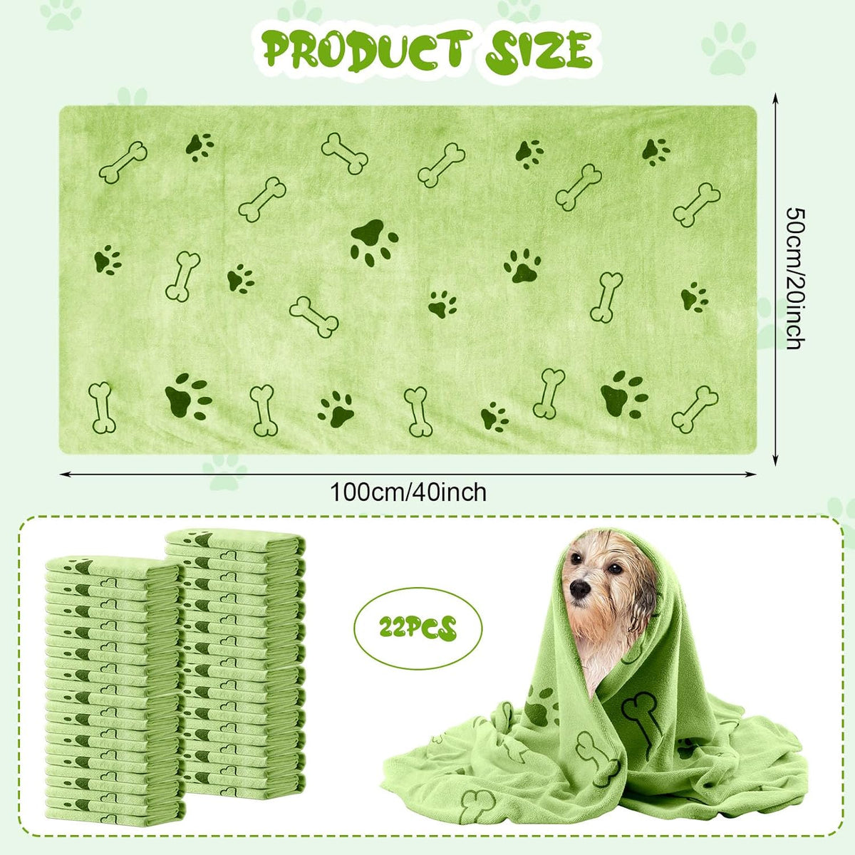 Tatuo 22 Pcs Dog Towels for Drying 20 x 40 Inch Pet Bath Towels - Green / Bone Pattern - image 2