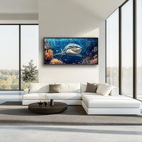 Large Ocean Shark Wall Art for Living Room, Framed Oversized Shark Fish Wall Decor Underwater Marine Life Canvas Painting Modern Artwork for Living Room Bathroom Bedroom Office Dining Room 60"x30"