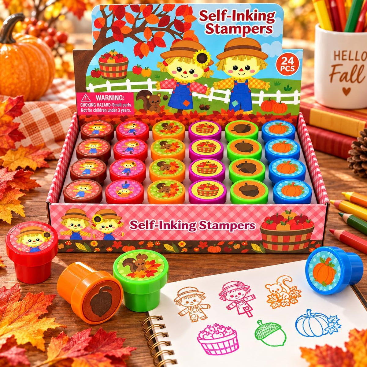 Tiny Mills 24 piece fall stampers for kids, self-inking autumn and Thanksgiving stamps - view 2