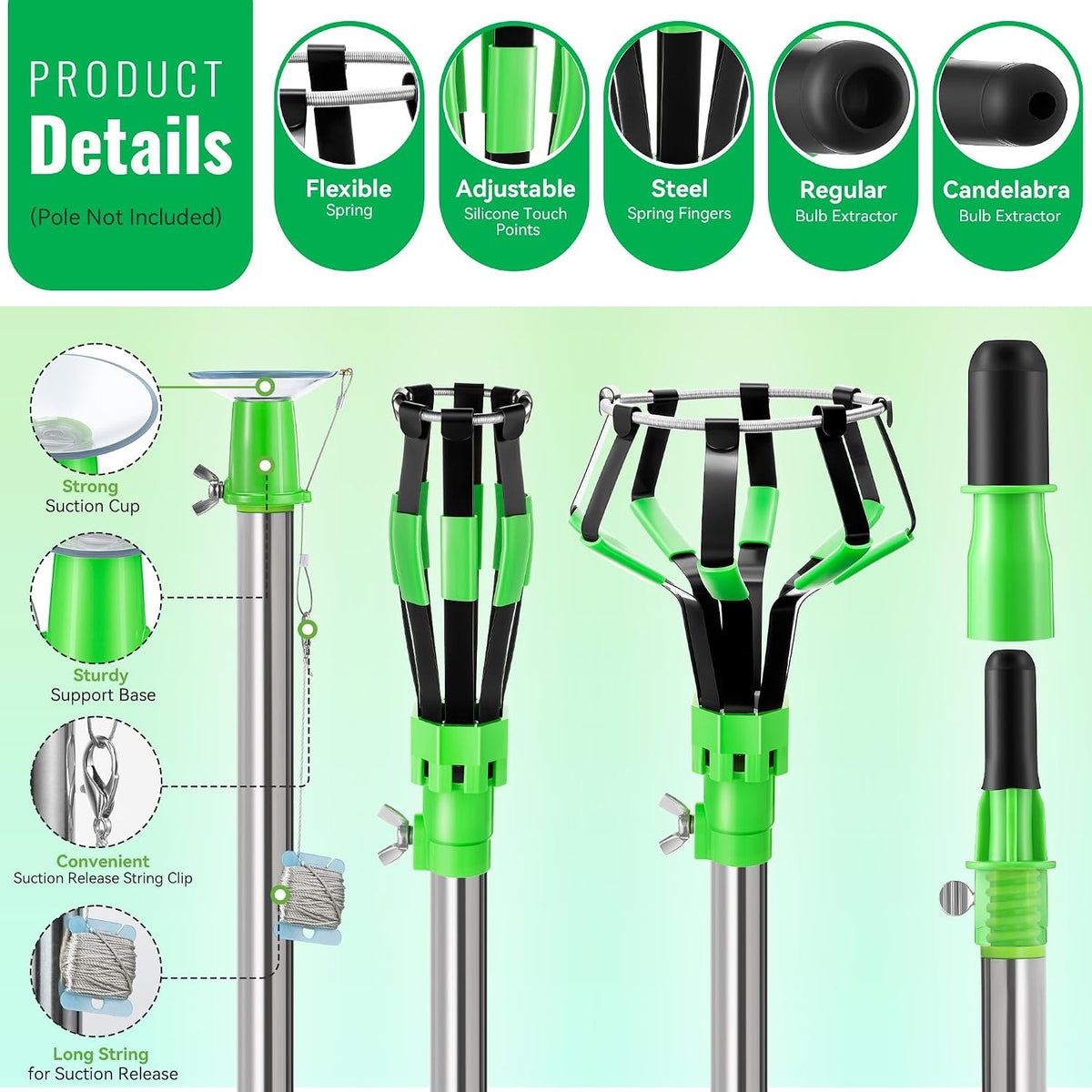 Dreyoo 4 Pcs Light Bulb Changer Set, Suction Cup & Cage Changer - Green - image 4
