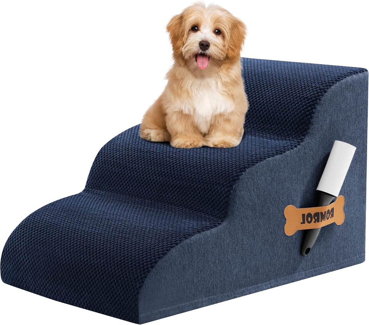 Dog Stairs Ramp for High Bed - 3 Step-15.7"H / Fleece-Navy