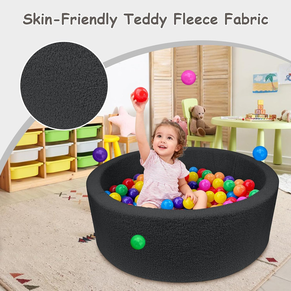 MEOGETY beige teddy fleece foam ball pit for toddlers with soft round walls - view 15