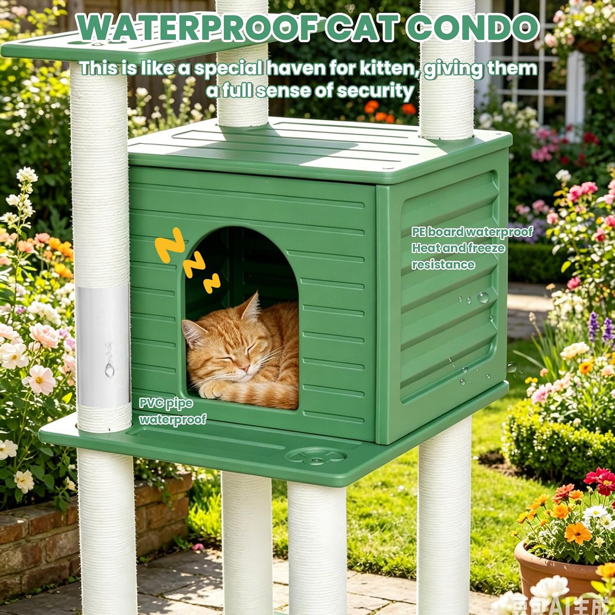 62"Tall Outdoor Cat Tree,Weatherproof Large Cat Condo with Scratching Posts – Essentials for Cats - CTT-4 - image 3