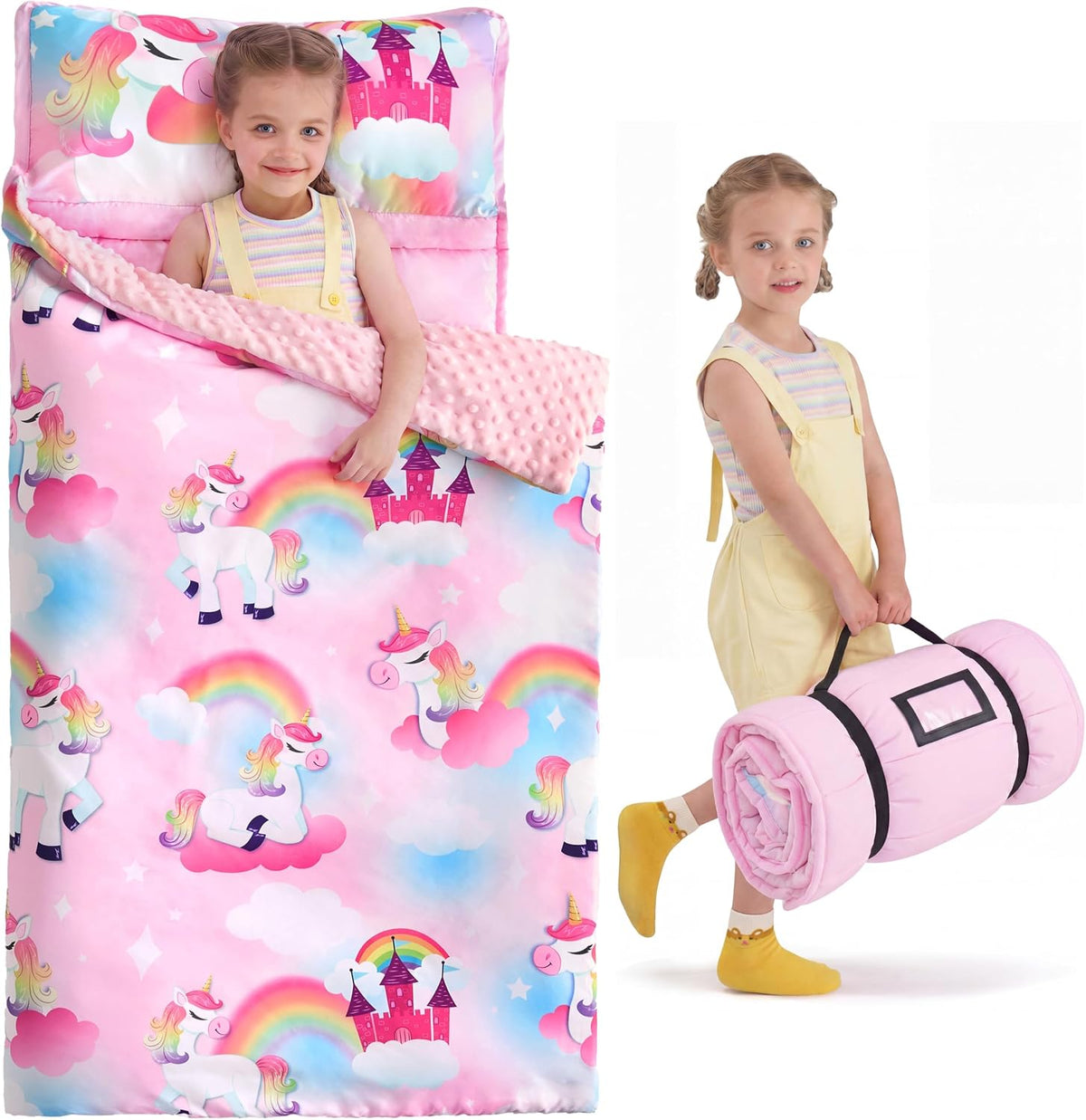 JOIEDOMI Toddler Nap Mat with Removable Pillow and Minky Blanket - Pink Unicorn