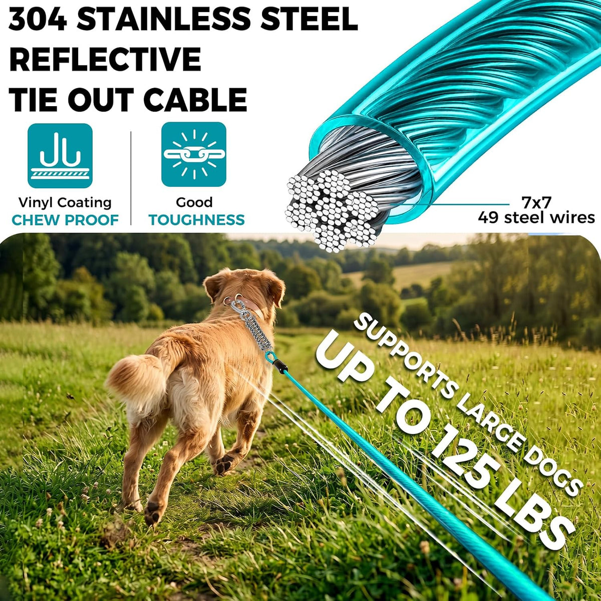 Tie Out Cable for Dogs, 50FT Dog Leads for Yard Chew Proof, Heavy Duty Leash for Large Dogs Up - 125lbs / 20ft / Ice Blue - image 3
