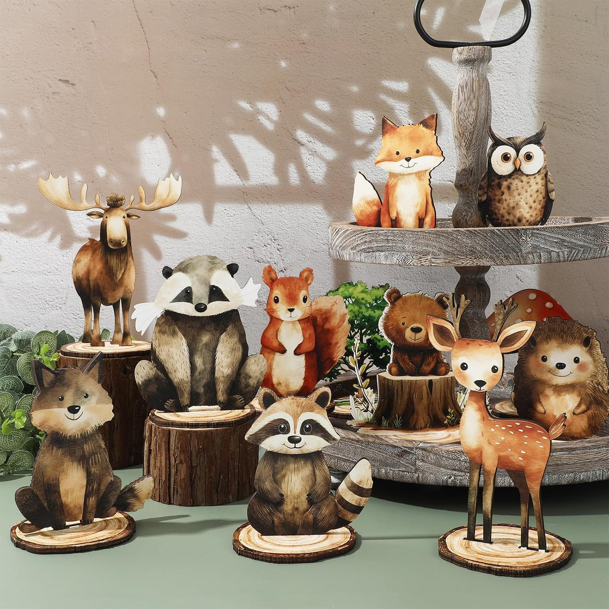 FYSUIMU woodland animal table centerpieces, 12 painted wooden signs standing in matching bases - view 14