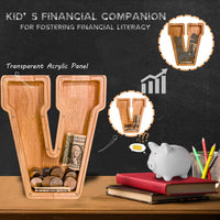JOOMLAFLY Wooden Letter Piggy Bank for Kids 9"Clear Coin Bank - V / Initial-9" - image 3